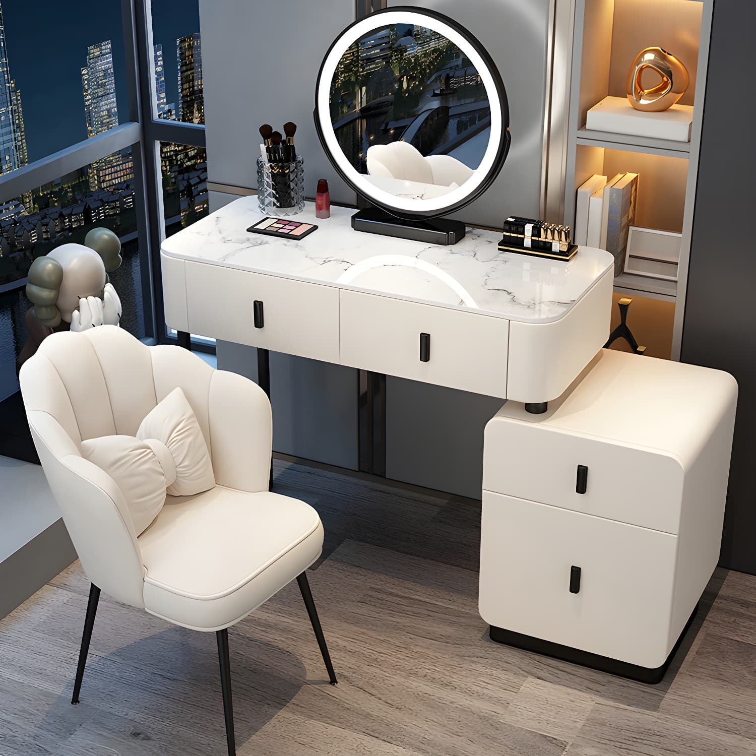 Wood Makeup Vanity Lighted Mirror Vanity Table and Stool Set thumbnail 6