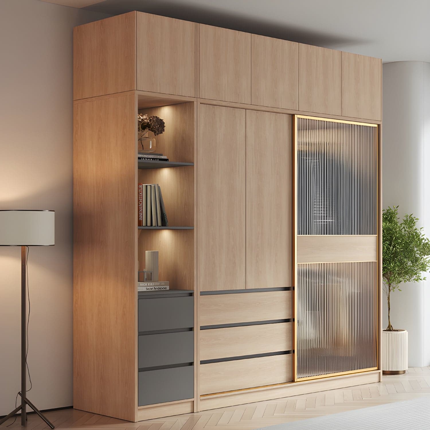 Contemporary Glass Sliding Doors Wardrobe Natural Wood Wardrobe with Drawers thumbnail 3
