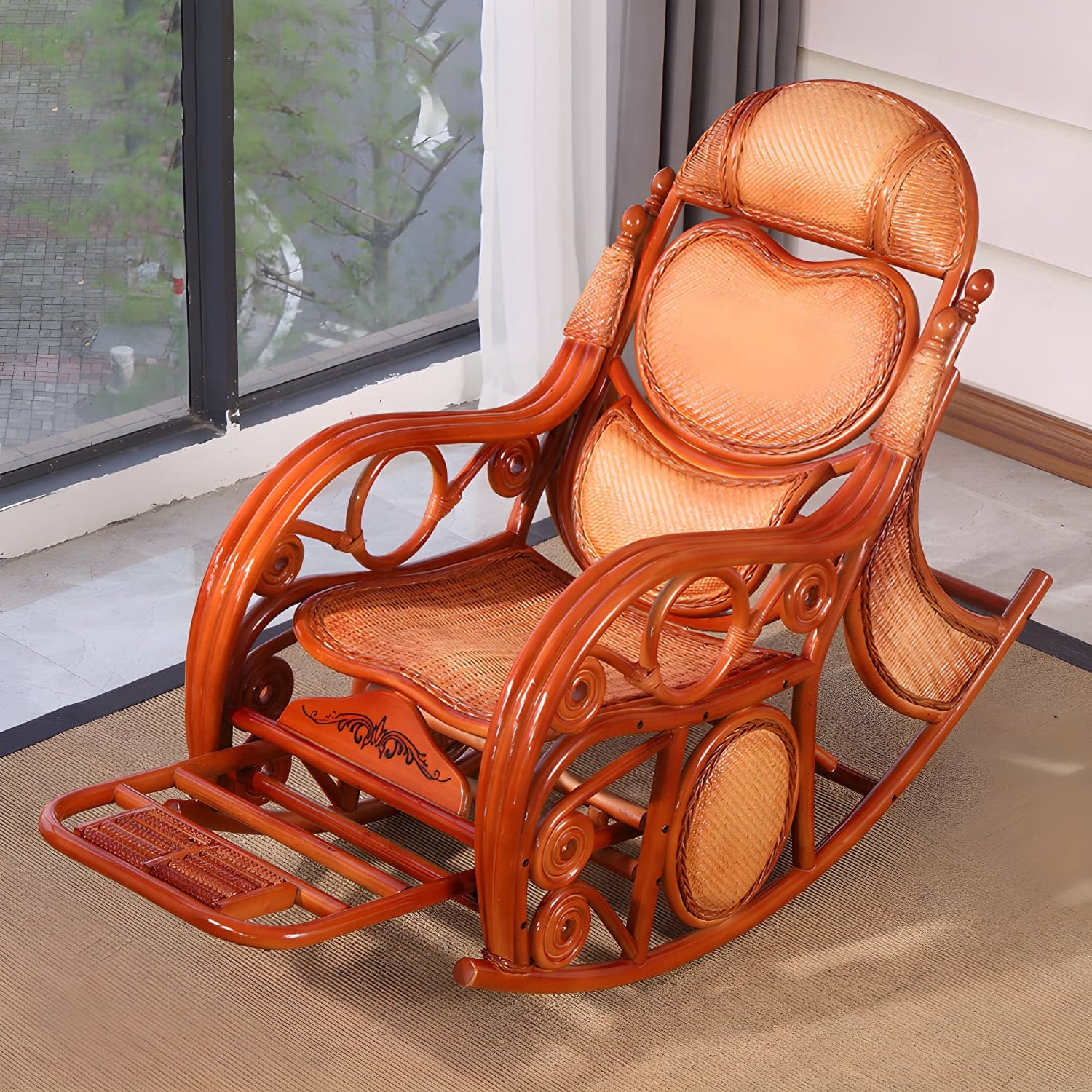 Traditional Rocking Chair Rattan Solid Color Spindle Backrest Indoor Rocking Chair thumbnail 6