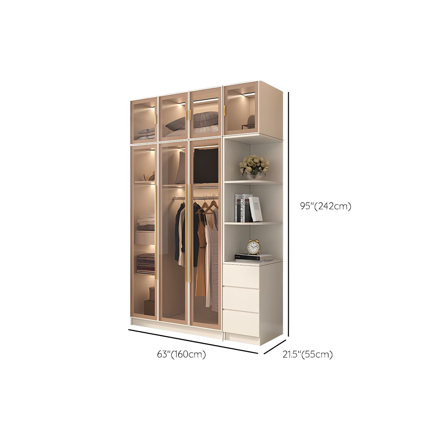 Glass and Wood Wardrobe Cabinet with Shelves Modern Wardrobe Closet - image 24