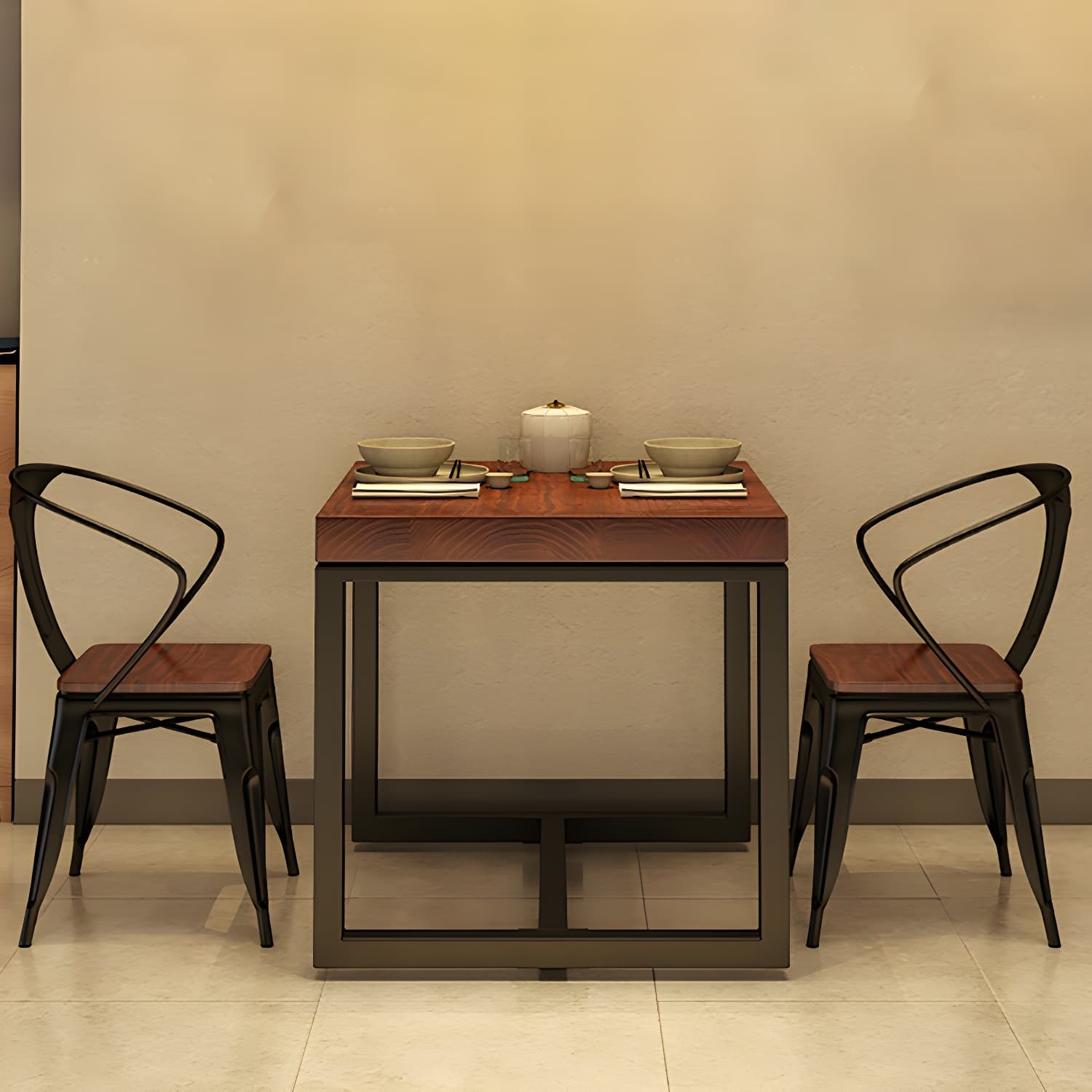 Solid Wood Top Dining Table Industrial Square Black Iron Trestle Base Table thumbnail 3