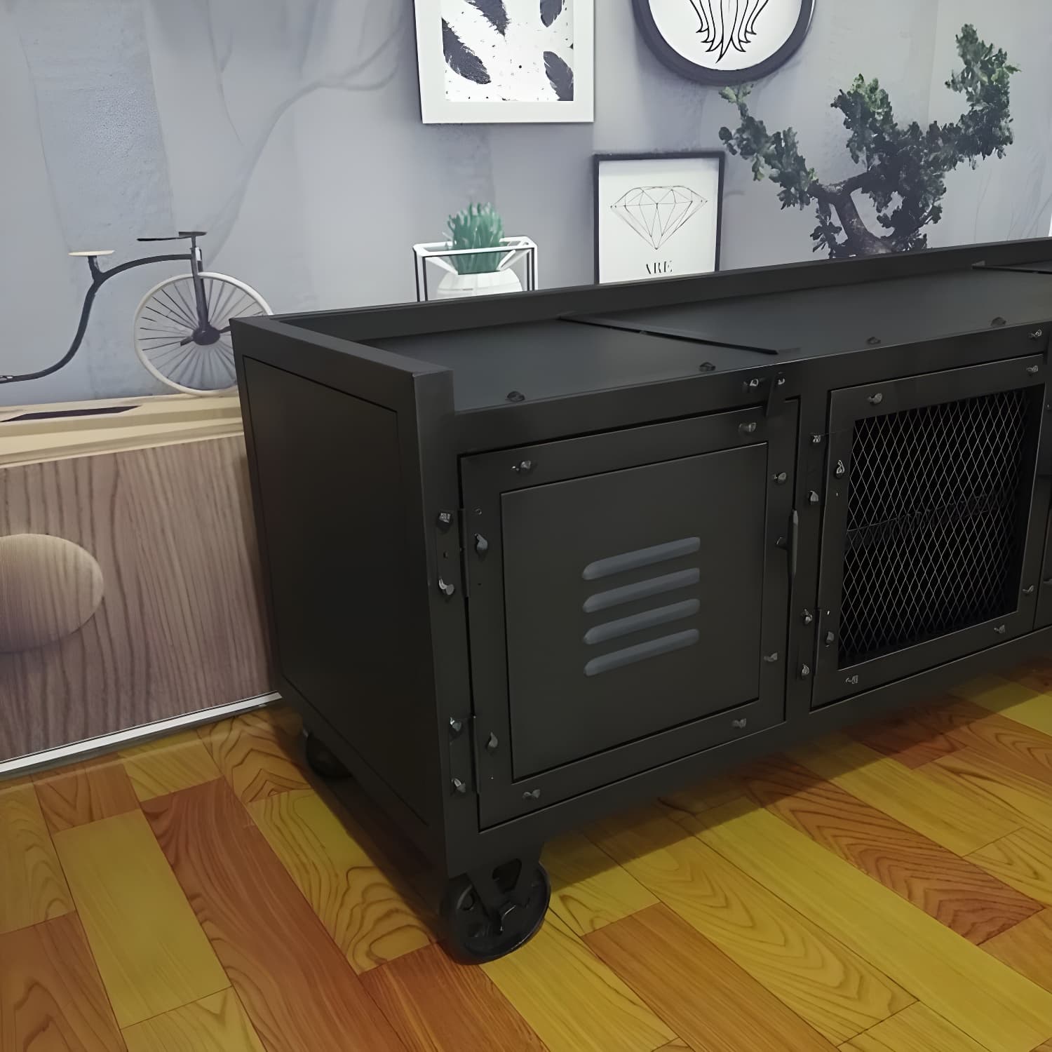 Metal Black TV Cabinet Industrial Style Home TV Stand Console with Casters thumbnail 8