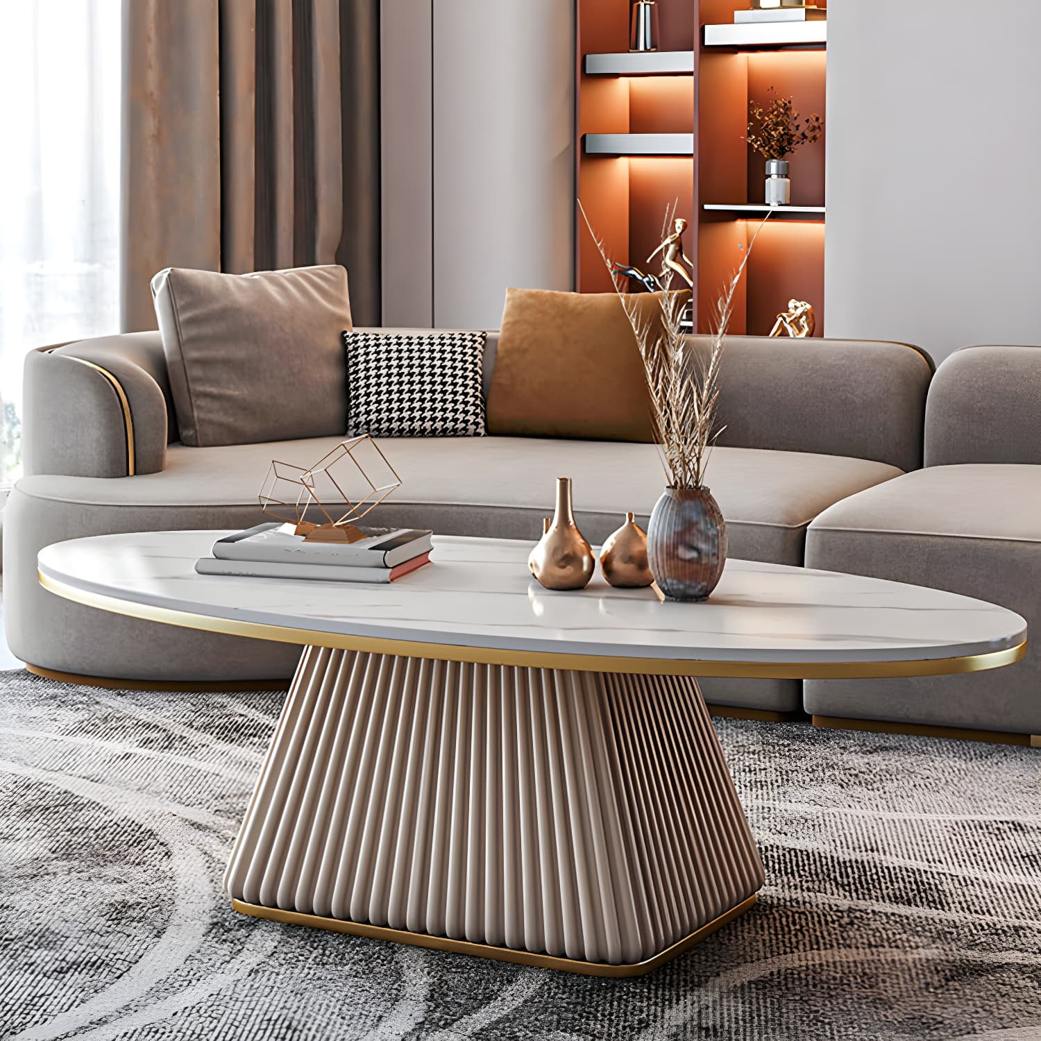Glam Metal and Slate Cocktail Table Pedestal Coffee Table for Living Room thumbnail 16