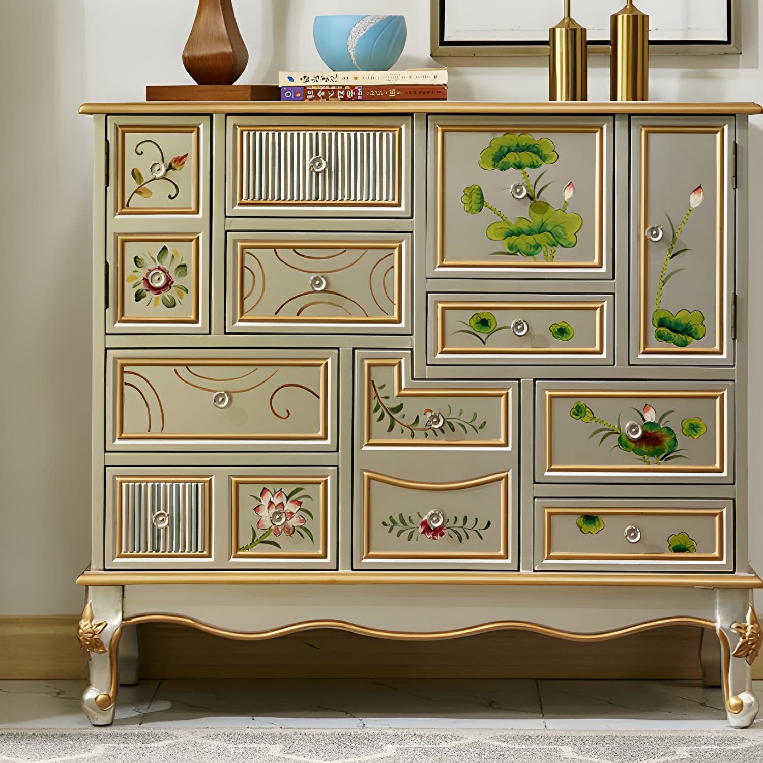 Industrial Painted Accent Cabinet with Drawers Solid Wood Chest thumbnail 9