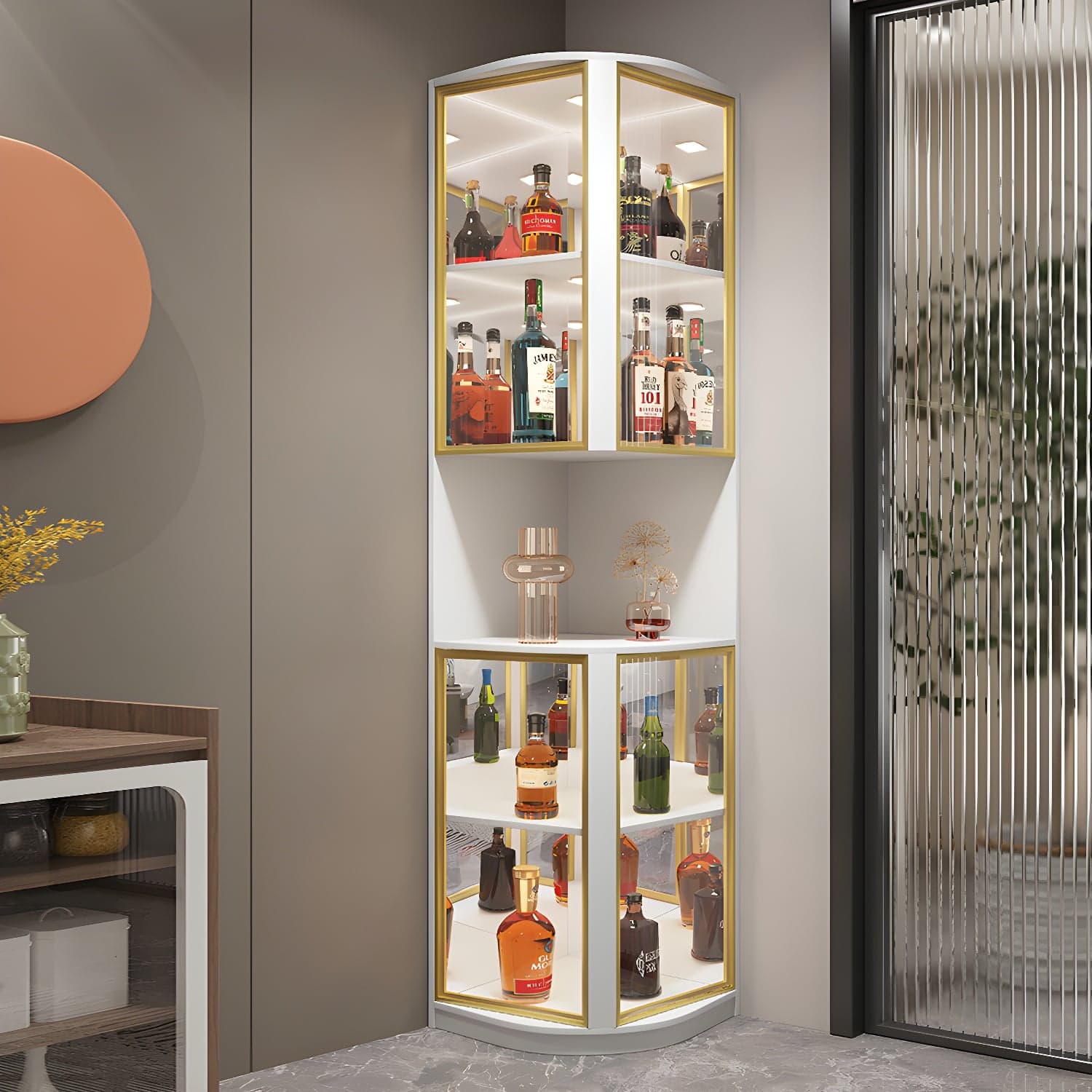 Modern Gray Corner Accent Cabinet with Glass Doors and 2 Shelves thumbnail 4