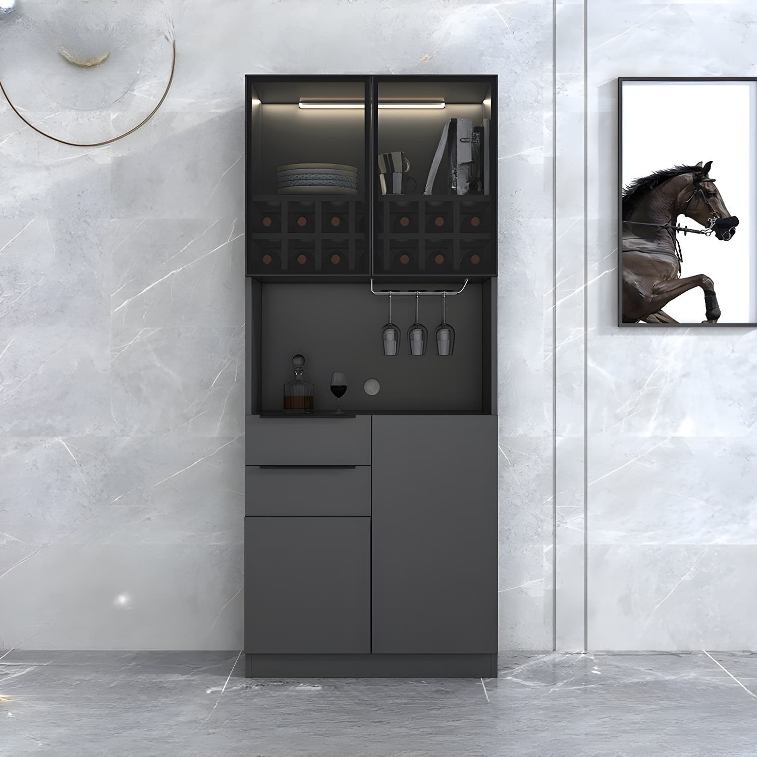 Luxurious Dark Wood Sideboard with Glass Doors and Elegant Stemware Rack