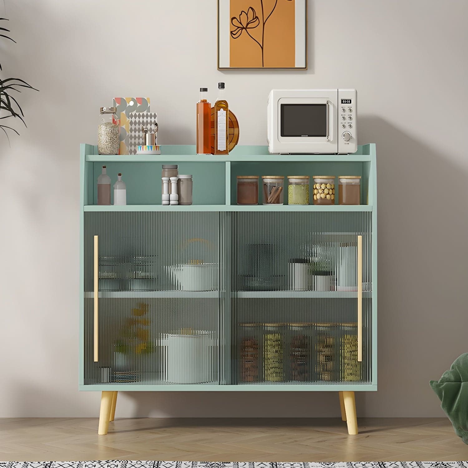 Scandinavian Wood Sideboard Credenza with Acrylic Doors and Cabinet Storage thumbnail 6