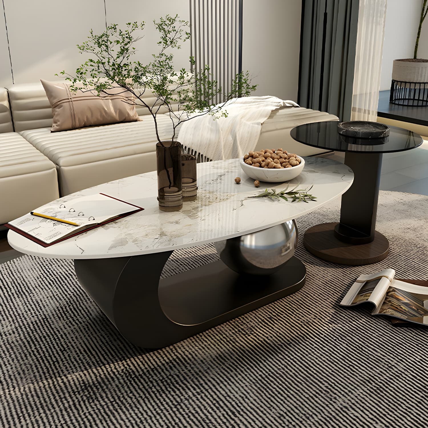 14"H Glam Coffee Table Slate Oval Pedestal Coffee Cocktail Table thumbnail 6