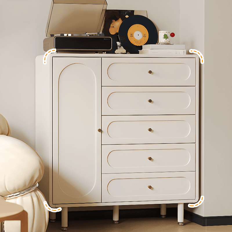 Chalk Modish Composite Wood Console Dresser with 5 Drawers and Hutch, 3 Interior Shelves, Horizontal