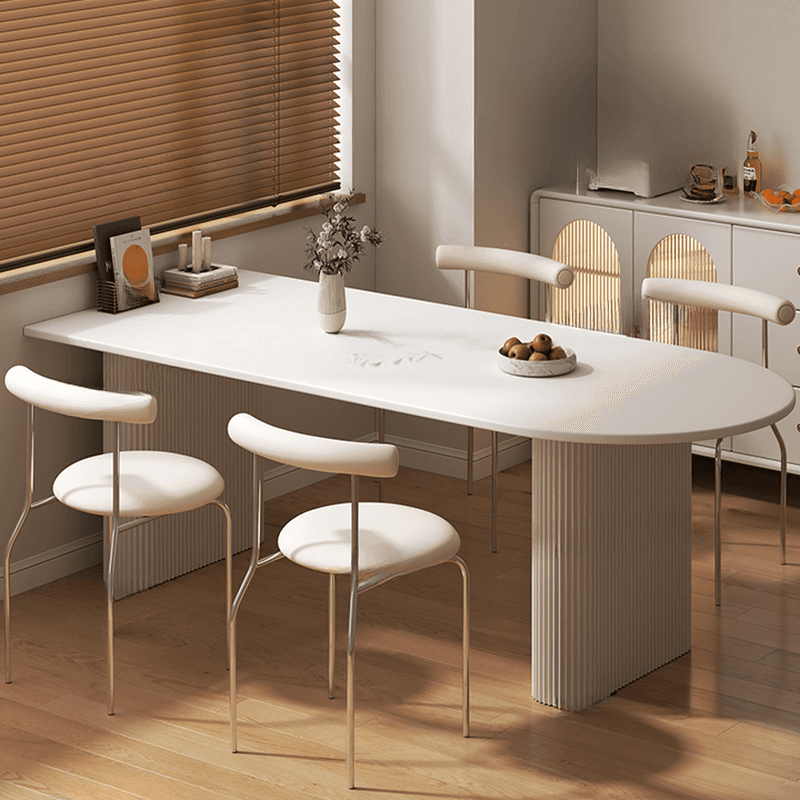Minimalist Dining Table Set with White Slate Top and Two-sided Pedestal Base, Featuring a Fixed Table thumbnail 6