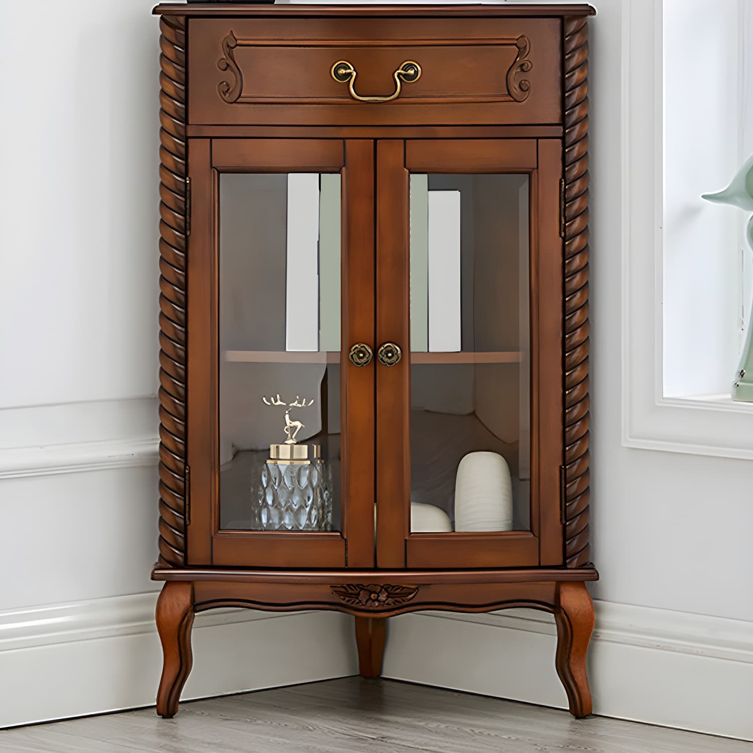 Mid-century Modern Brown Corner Cabinet, Wooden Accent Cabinet with Shelves thumbnail 1