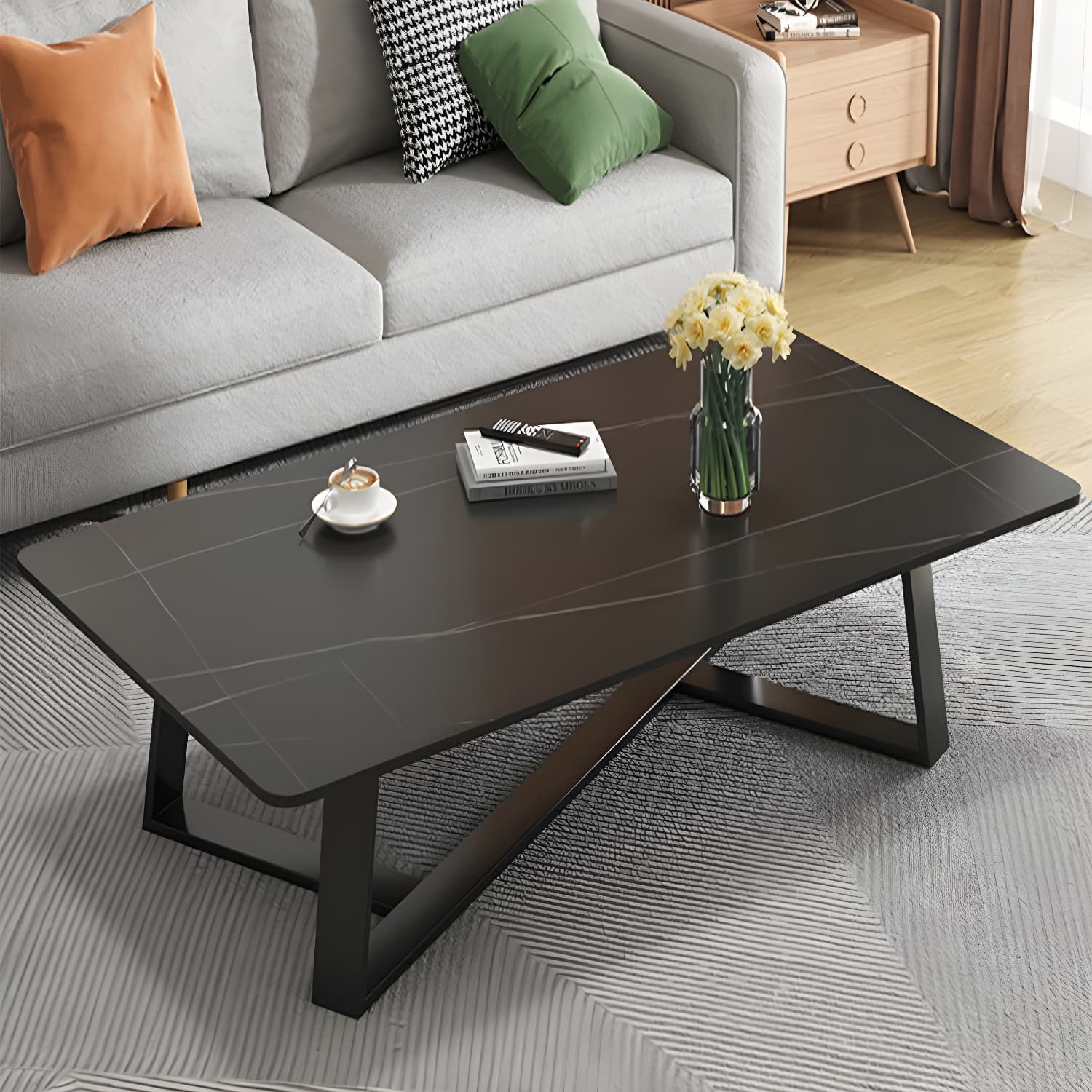 Stone and Metal Coffee Table Contemporary Coffee or End Table with Cross Legs thumbnail 8