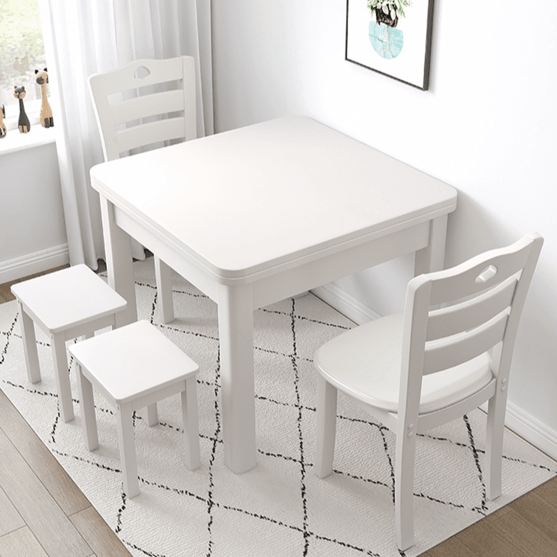 Square Fixed Dining Table Set with 4 Legs, a Wood Tabletop in Natural/Auburn/White, Back Chairs and Stool in a Simple Style thumbnail 5
