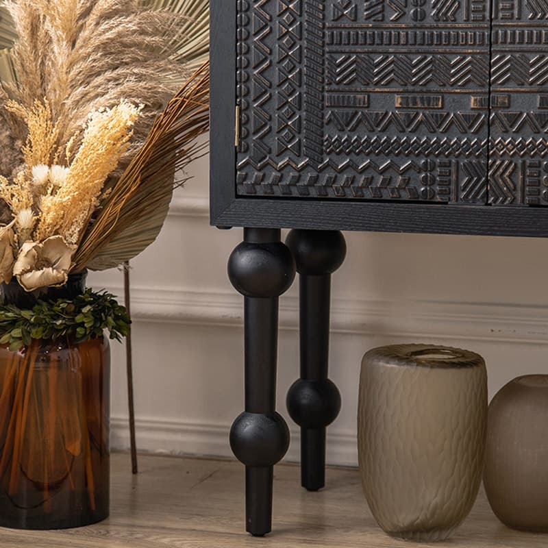 Modern Black Wood Console Cabinet with Cubby Storage and Wood Scoring & Rub Through Detailings thumbnail 8