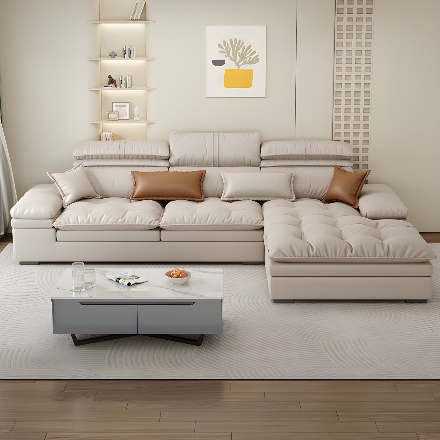 Modern Beige Faux Leather Stationary Sectional Sofa with Adjustable Headrest and Wood Frame thumbnail 1