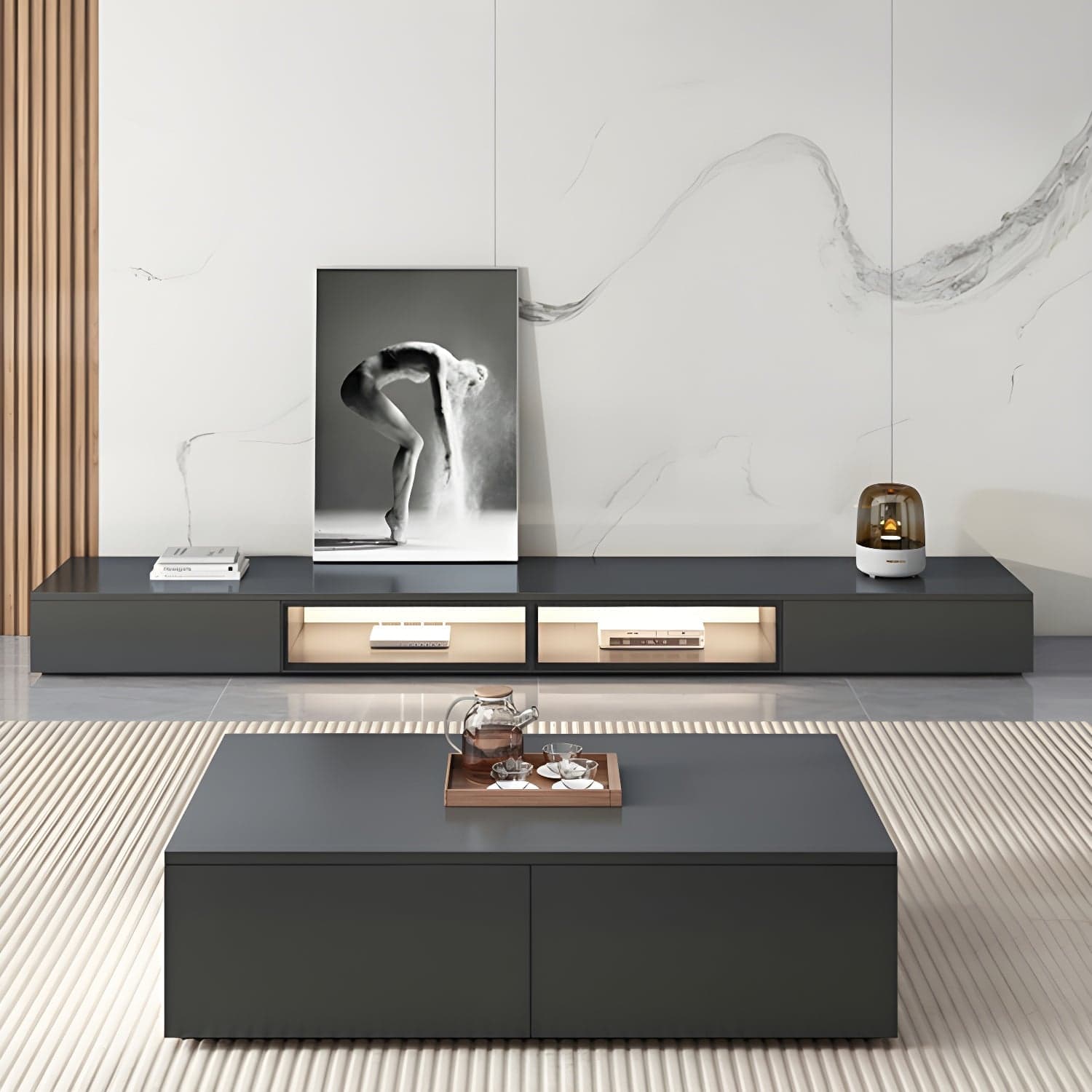 Black Modern TV Stand with Low Height and Drawers for Organized Cable Management & No Open Storage thumbnail 2