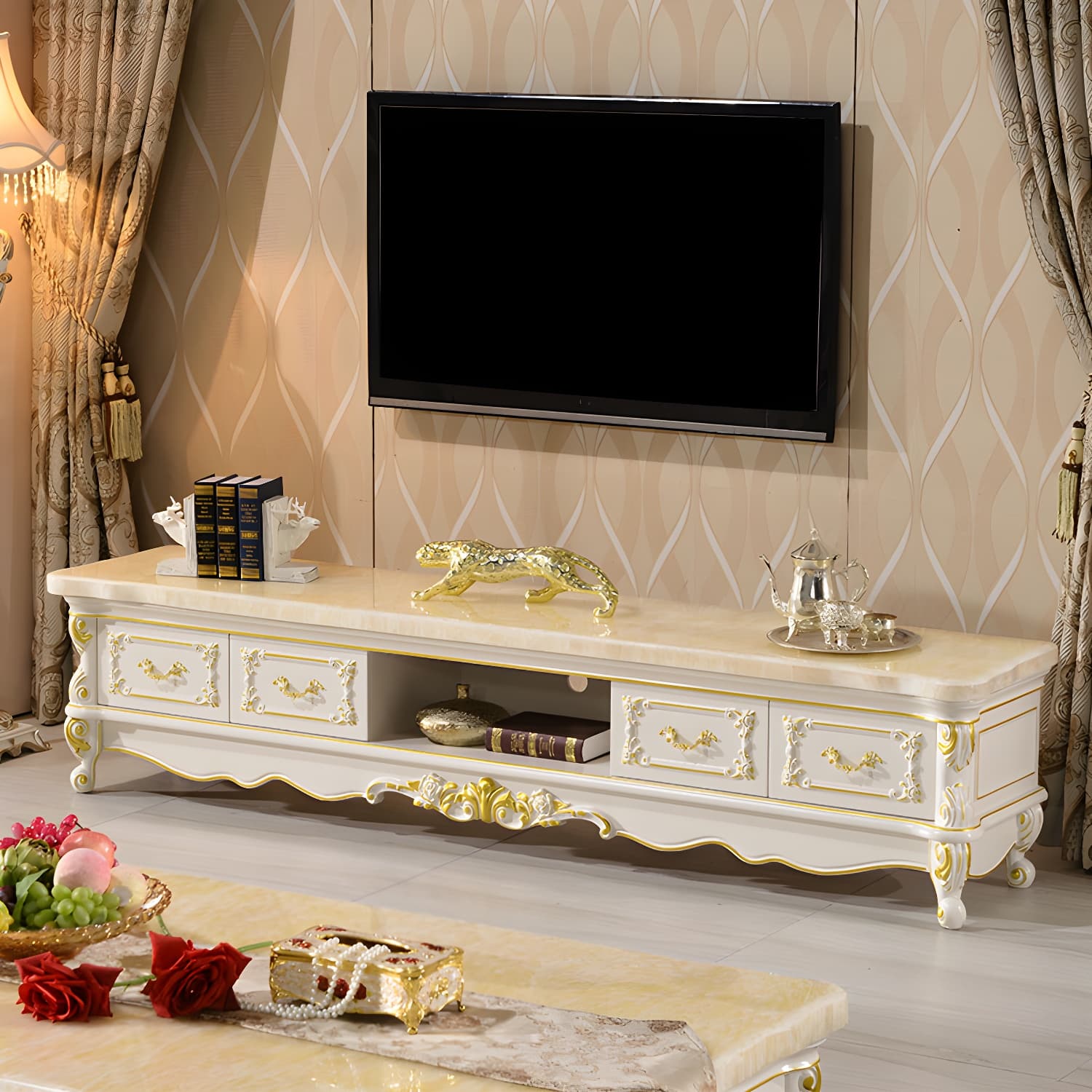 Traditional Marble Top TV Cabinet Solid Wood Crafted TV Stand for Living Room thumbnail 4