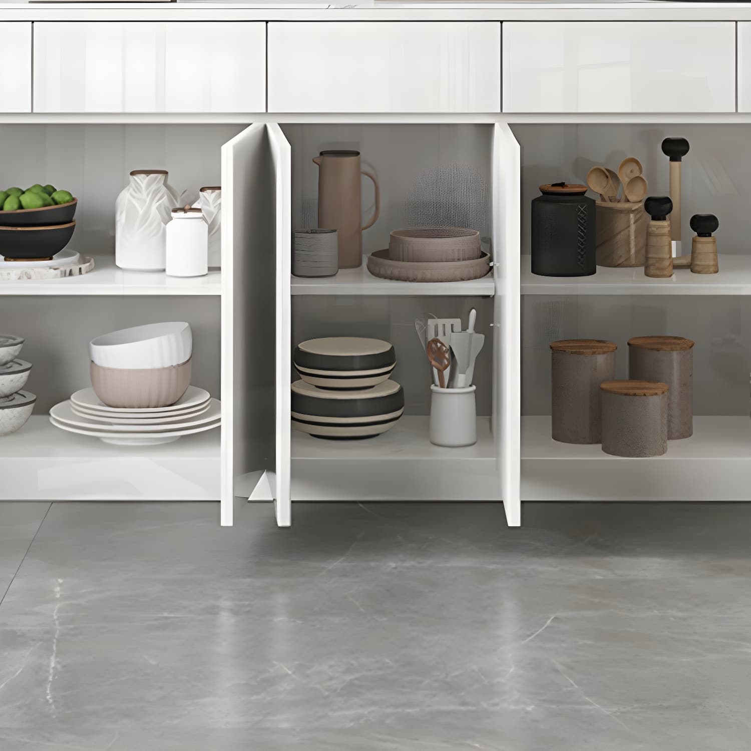 Modern White Buffet Cabinet with Stone Countertop and Wood Cabinets Included thumbnail 4