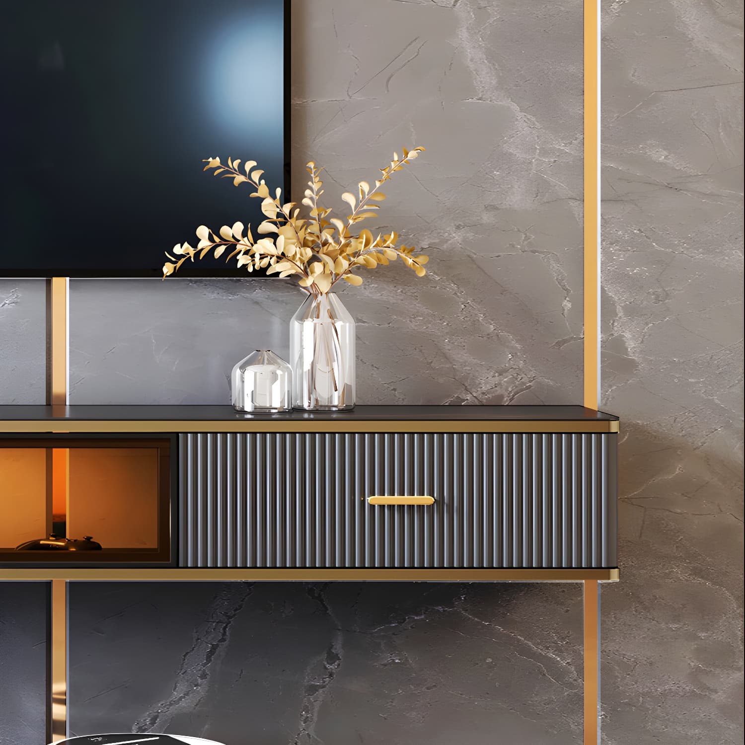 Glam Floating TV Media Stand with Drawers Stone and Wood TV Stand thumbnail 10