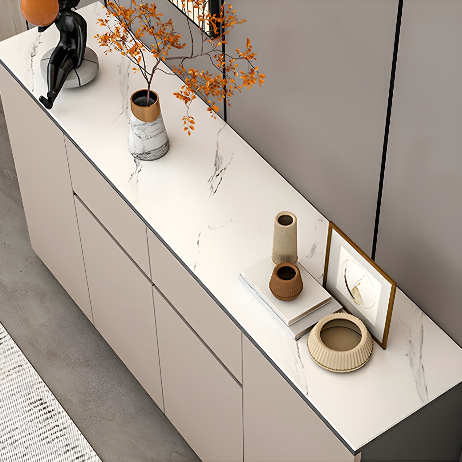 Modern Wood Sideboard Credenza with Drawers and Cabinets - Stone Countertop - image 9