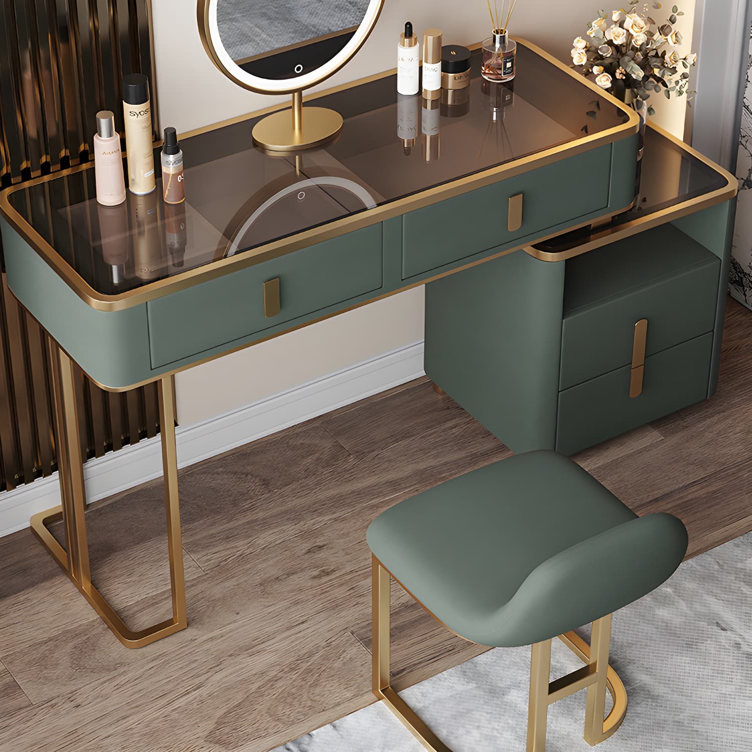 Glass Top Dressing Table Solid Wood Green Make-up Vanity with Drawers thumbnail 3