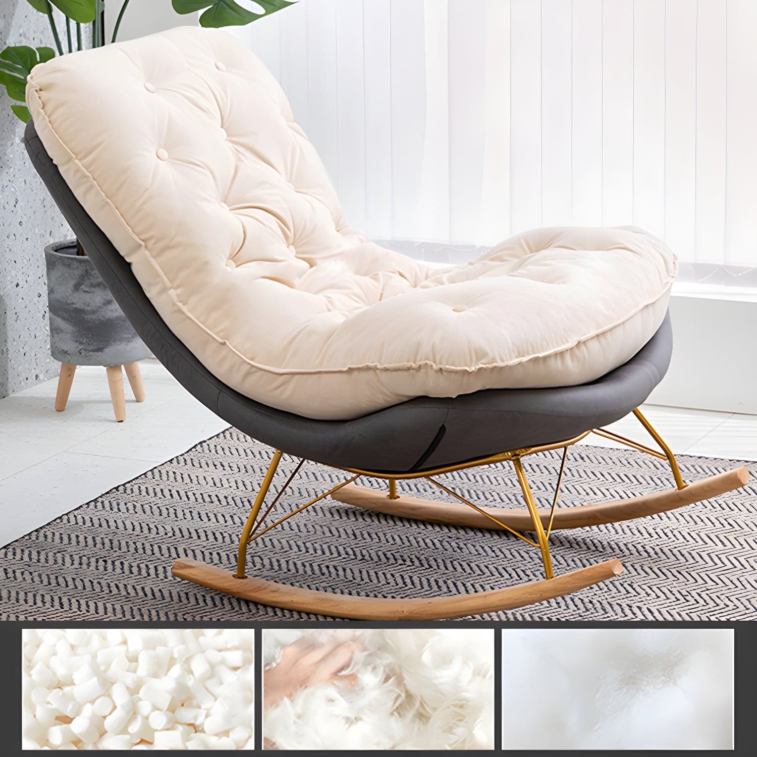Modern Tufted Upholstered Rocking Chair with Natural Wood Legs thumbnail 2