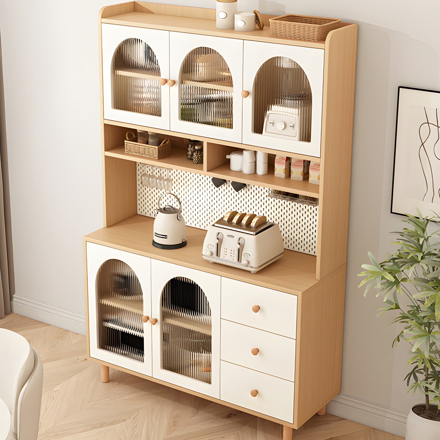 Scandinavian Wood Buffet 3 Cabinet Doors with Glass Interior Shelves thumbnail 6