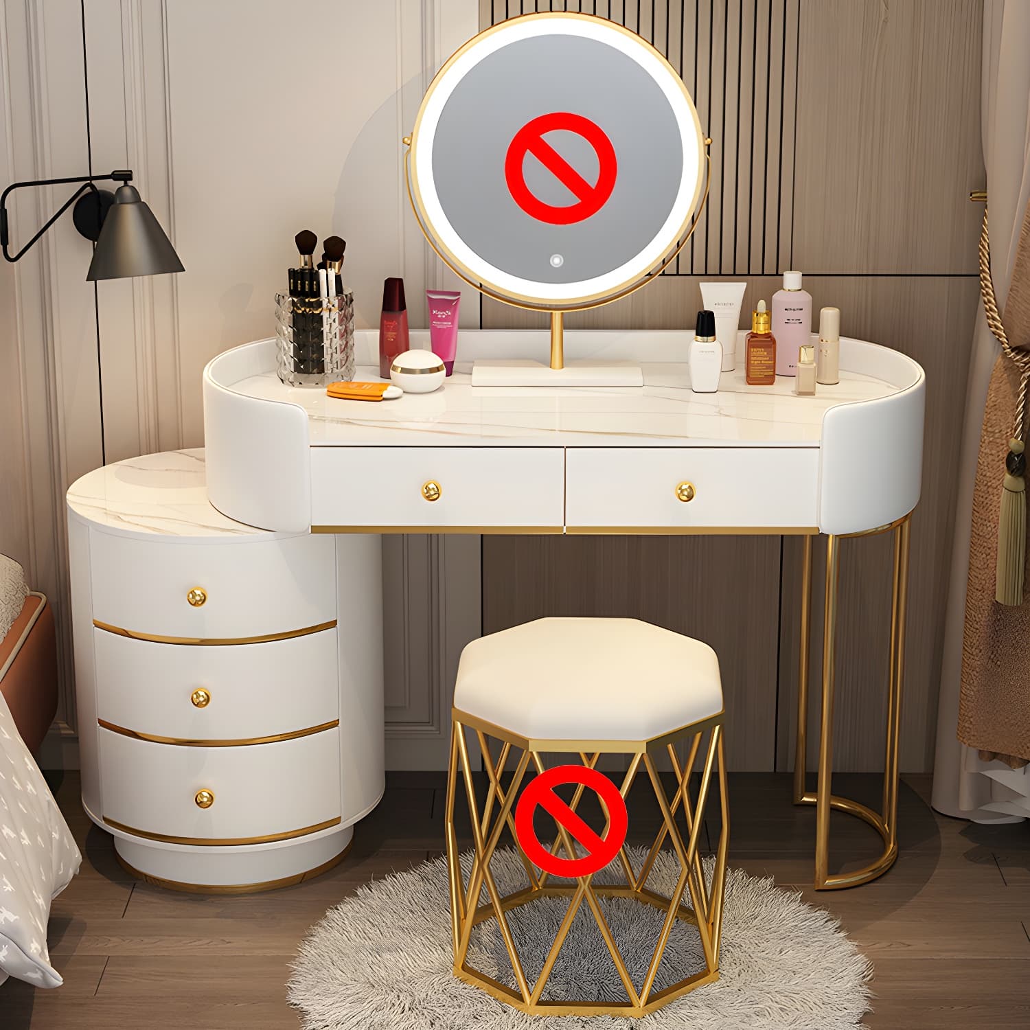 Modern Bedroom Metallic Lighted Mirror With Drawer Makeup Vanity Set thumbnail 13