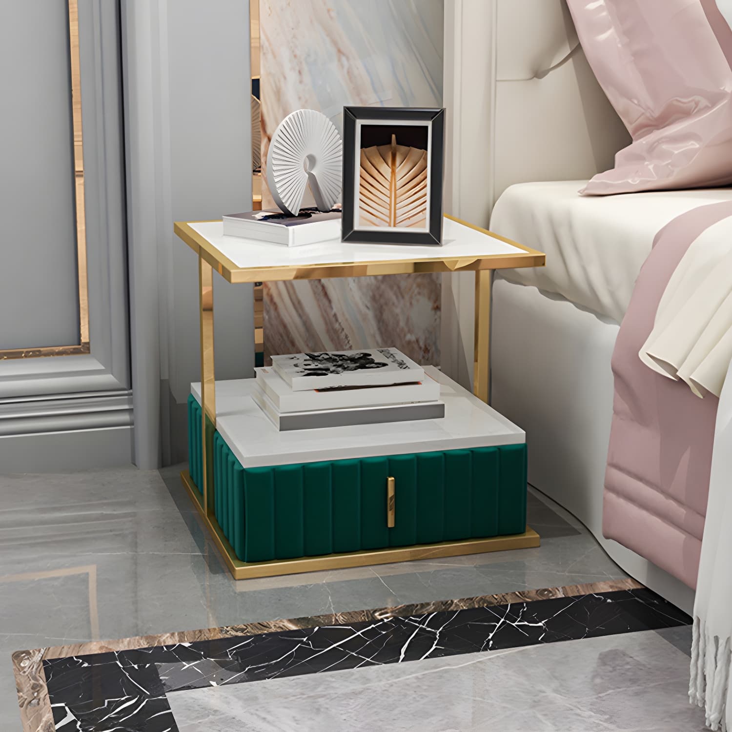 Modern Open Storage Nightstand Stone Top 20 Inch Tall 1-Drawer Night Table thumbnail 13