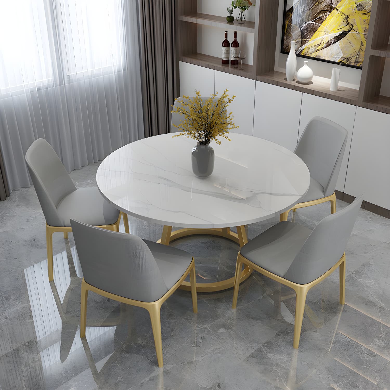Round Marble Top Dining Table in White Traditional Luxury Dining Table thumbnail 3