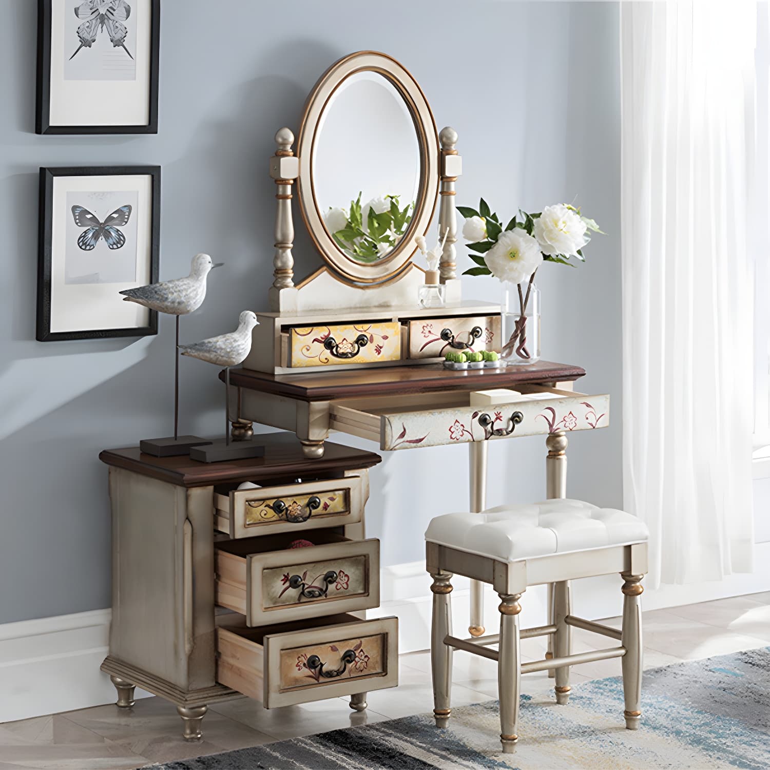Victorian Vanity Set Solid Wood Drawers Included Makeup Dressing Table With Mirror & Stool thumbnail 17