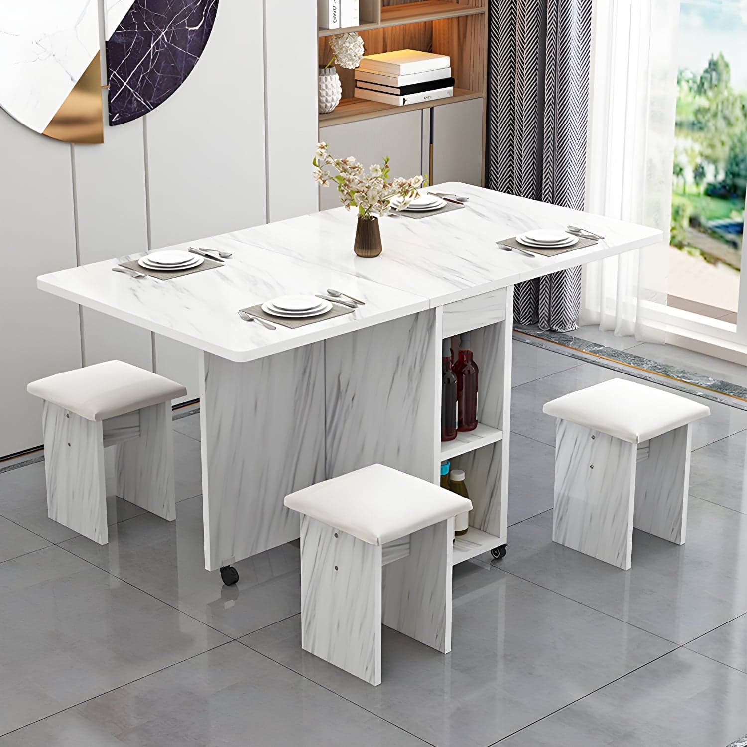 5-Piece Modern Wood Dining Set with Rectangle Table and White Backless Stools thumbnail 4
