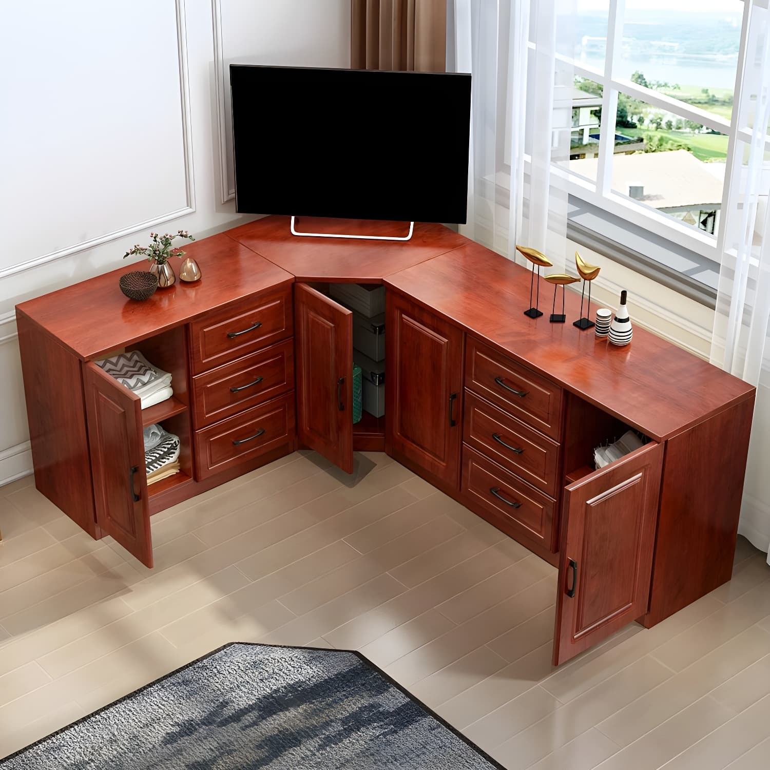 Modern Solid Wood Corner TV Stand Console with 6 - Drawer - 27.56" thumbnail 3