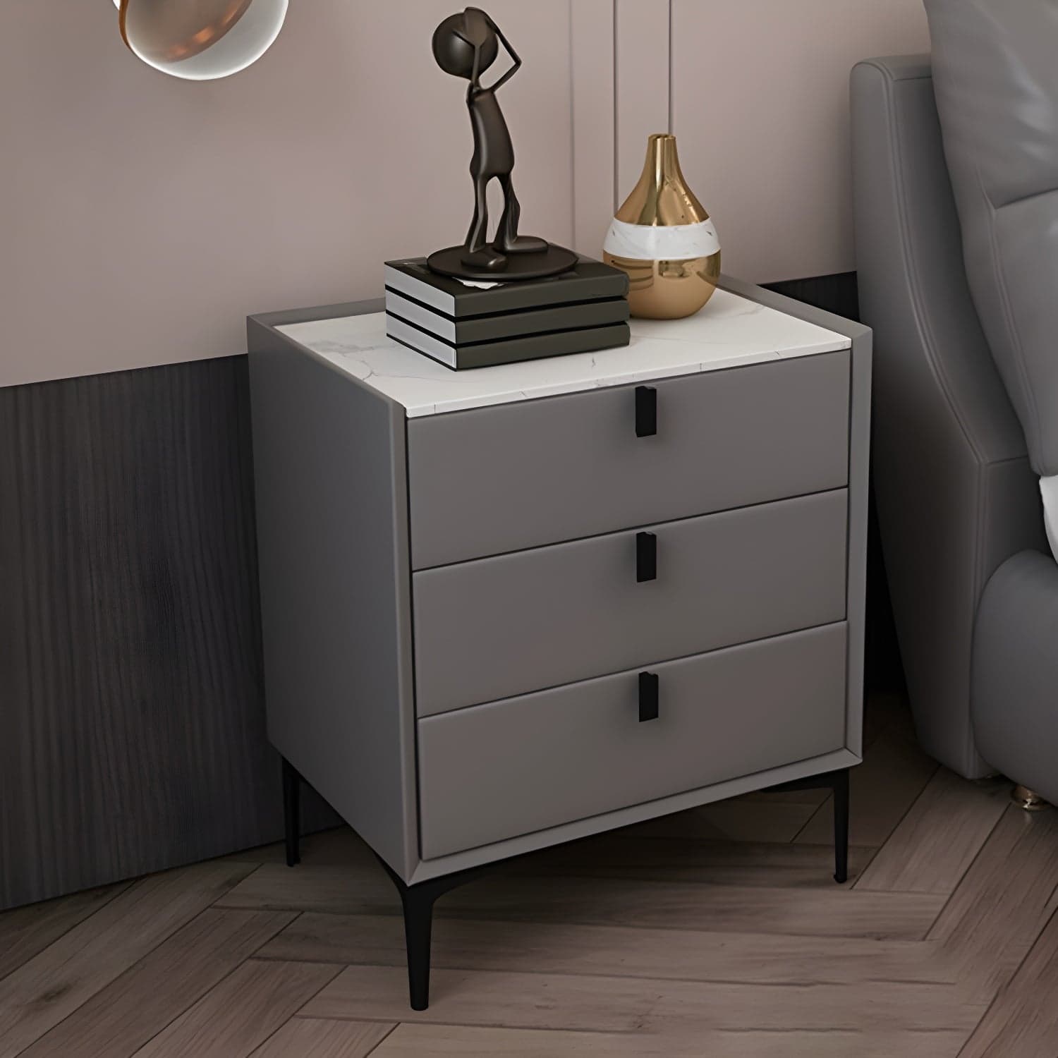 Glam Style Sintered Stone Top 3 Drawers Nightstand for Bedroom thumbnail 4