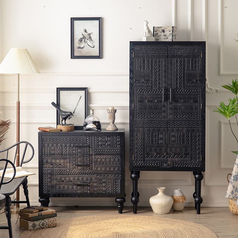 Modern Black Wood Console Cabinet with Cubby Storage and Wood Scoring & Rub Through Detailings thumbnail 4