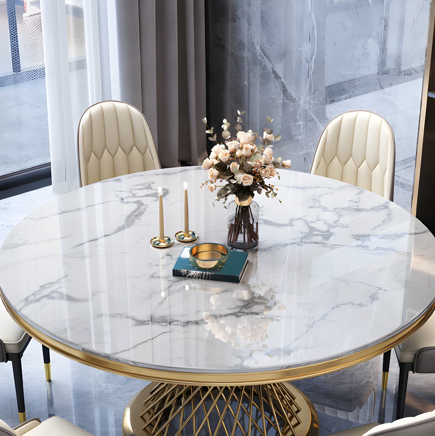Glam Round Marble Dining Set with Gold Metal Pedestal Base - Fixed Table in White thumbnail 6