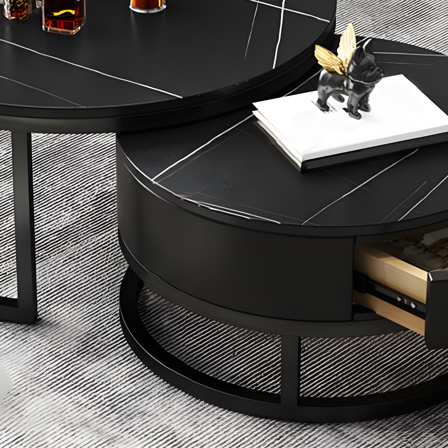 Modern Nesting Coffee Table Set Frame Round Coffee Table Set with Drawer thumbnail 16