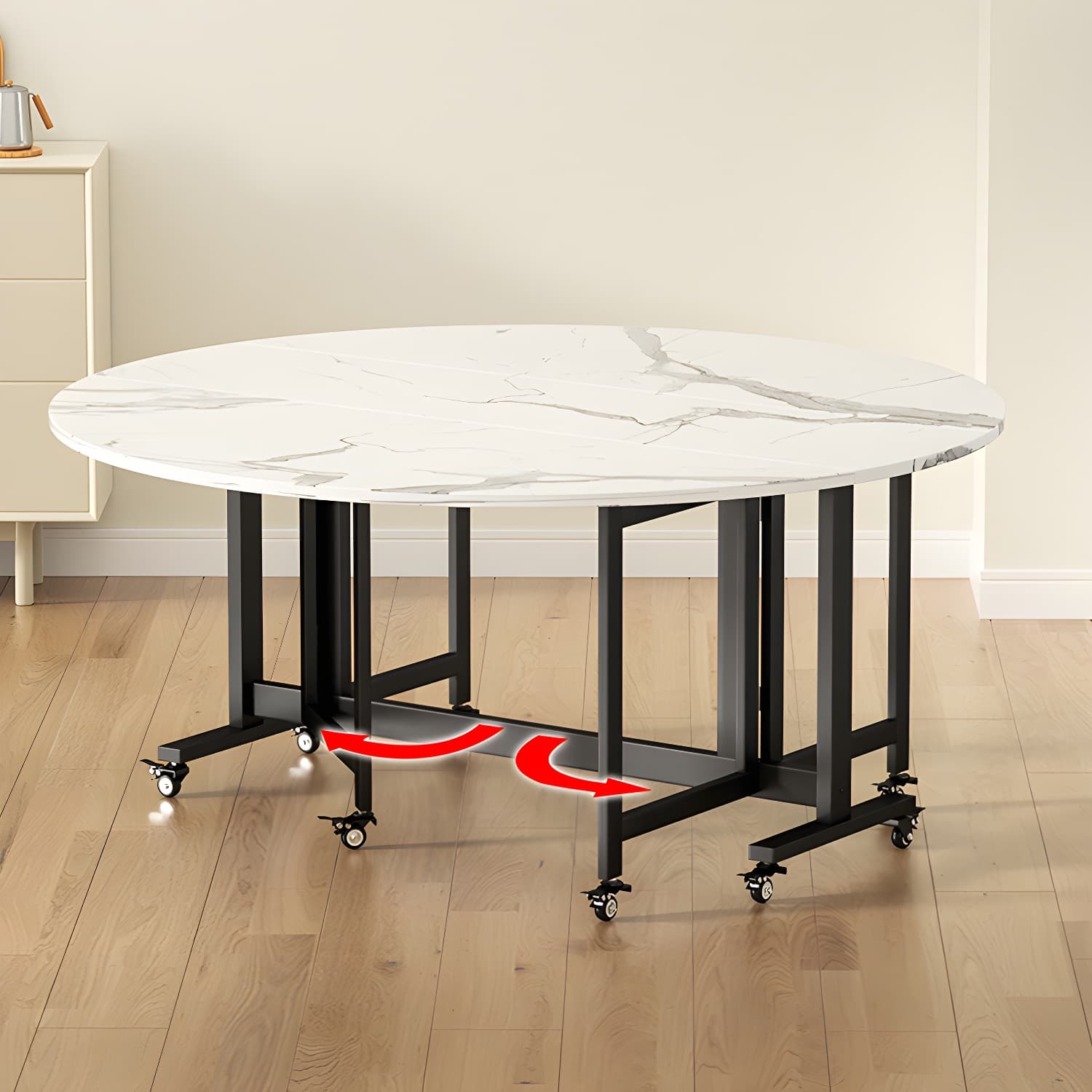Modern Round Wood Dining Set with Collapsible Table and Leaf Extension - Metal Trestle Base in Black thumbnail 5
