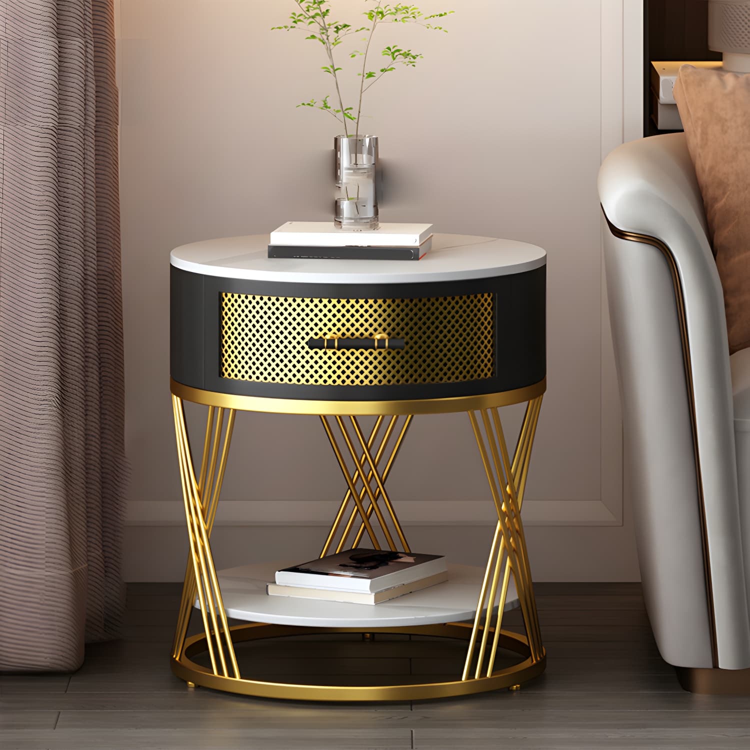 Glam Stone Top Night Table Open Storage 1-Drawer Metal Legs Included Nightstand thumbnail 13