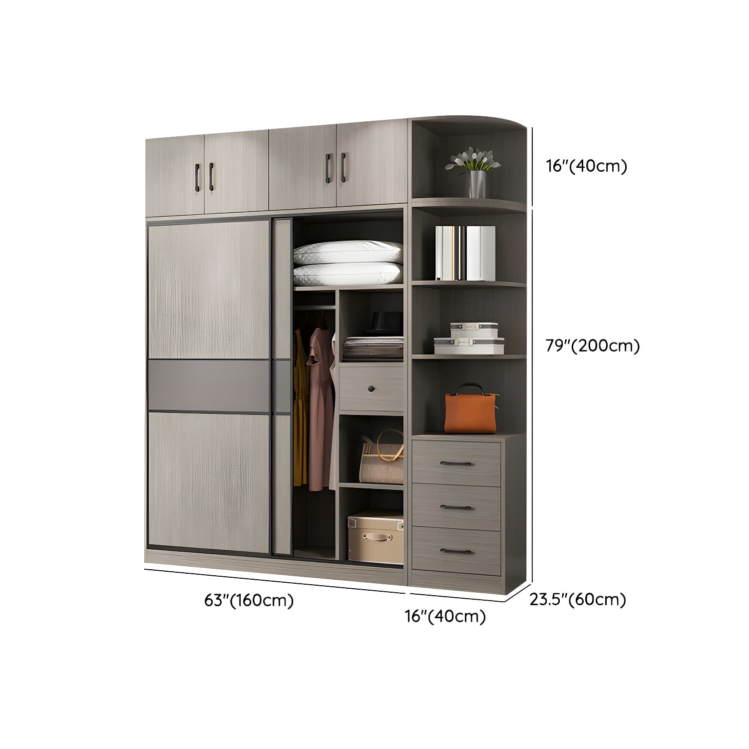 Contemporary Plate Storage Wood Wardrobe with Clothing Rod and Shelves in Light Grey thumbnail 22