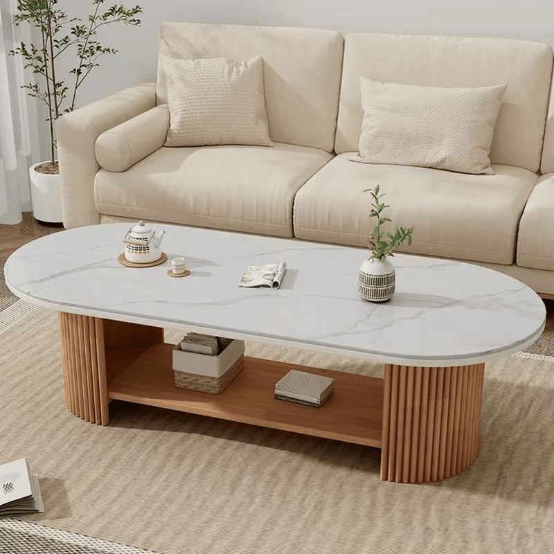Oval Natural Wood Coffee Table with Twin Support Base, Repository, and 1 Shelf thumbnail 2