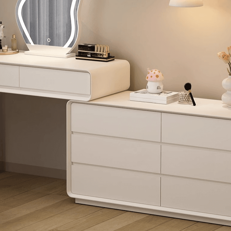 Simplistic Large Vanity Set with Lumber Table Top, White Seat, 8 Drawers, and Mirror Lights thumbnail 6
