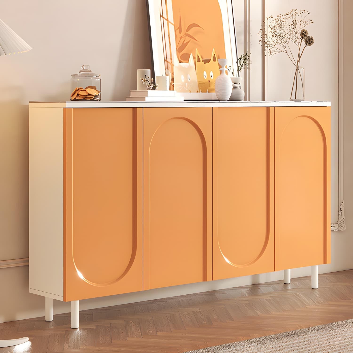 Scandinavian Wood Buffet Sideboard with Stone Countertop and Adjustable Shelves thumbnail 6