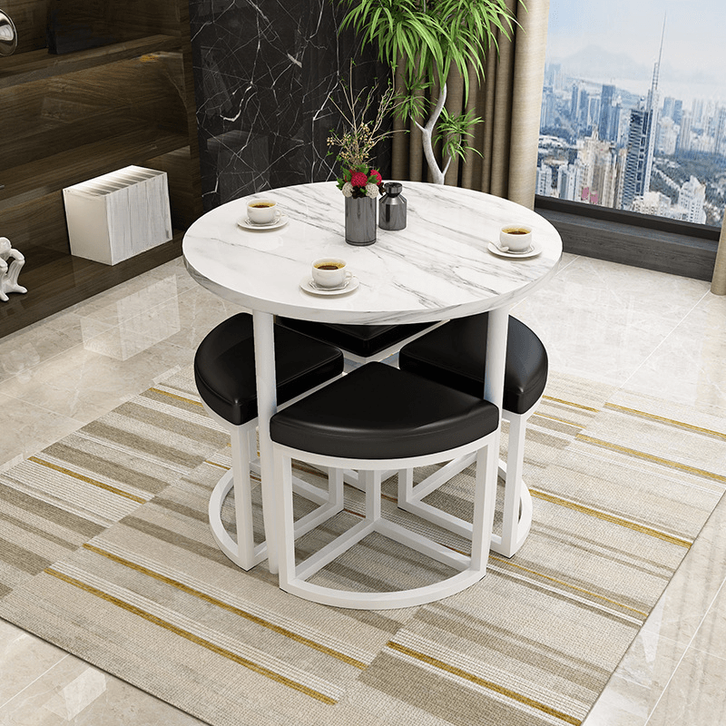 Reclaimed Wood Round Dining Table Set with Metal Toboggan Base and Upholstered Backless Chairs for 4 People thumbnail 13