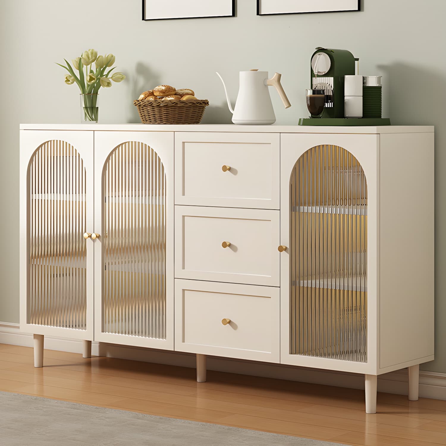 White Modern Wood Sideboard Credenza with Cabinets and Shelves Included