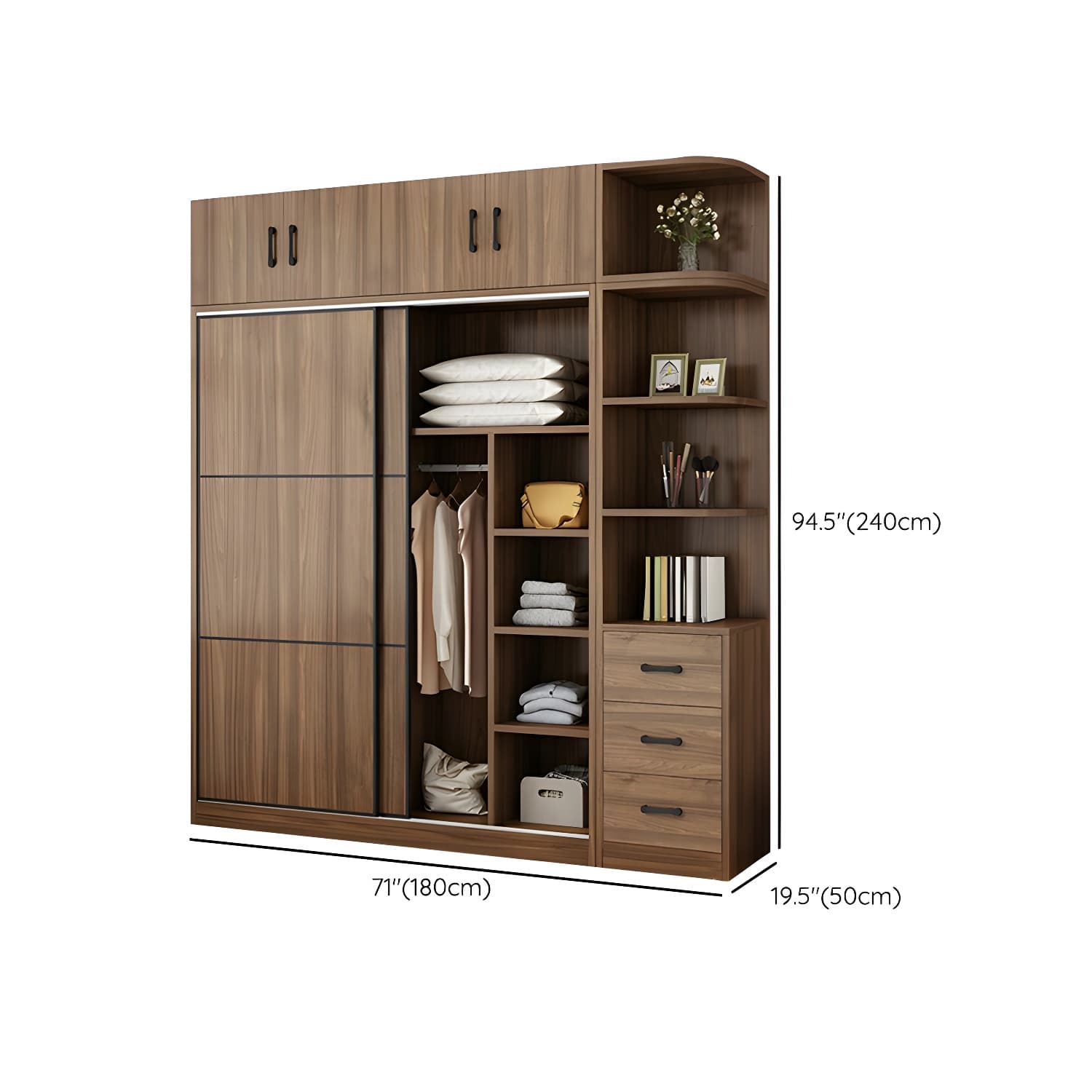 Non-Adjustable Traditional Brown Wood Wardrobe Armoire with Sliding Doors & Soft Close Drawers thumbnail 29