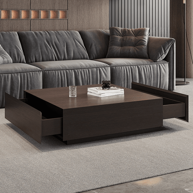 Solid Oak Wood Square Accent Table with 2 Drawers for Living Room thumbnail 4