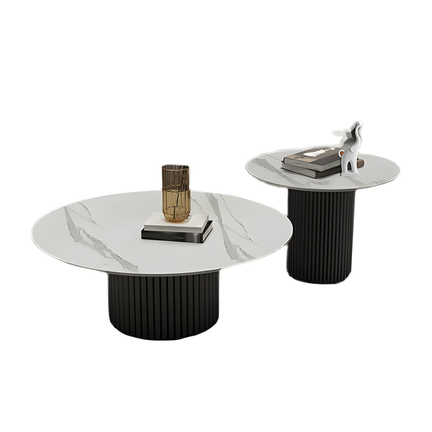 Set of Two Modern Round Black Coffee Tables with White Stone Tops and Iron Pedestal Bases thumbnail 5