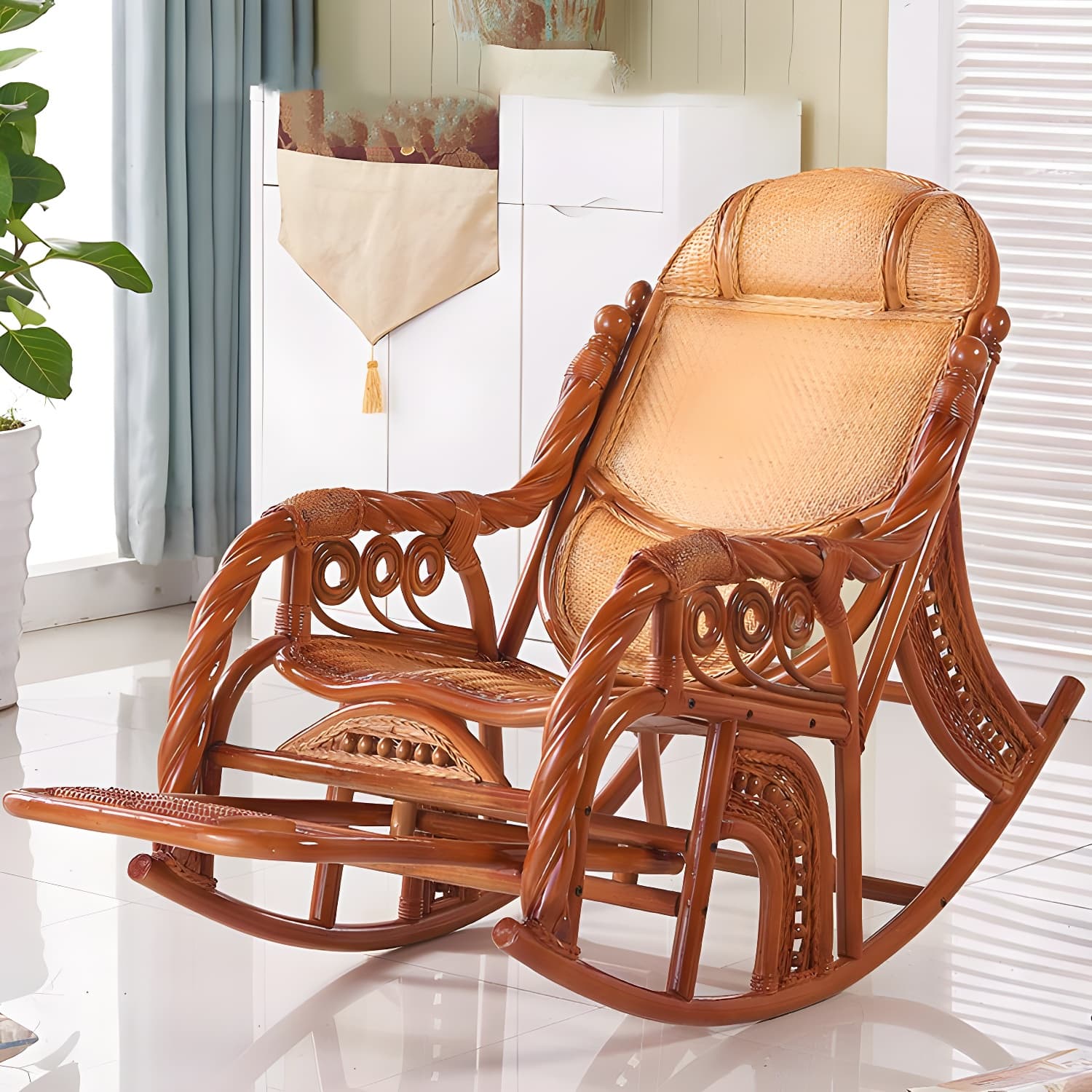 Traditional Rocking Chair Rattan Solid Color Spindle Backrest Indoor Rocking Chair thumbnail 4