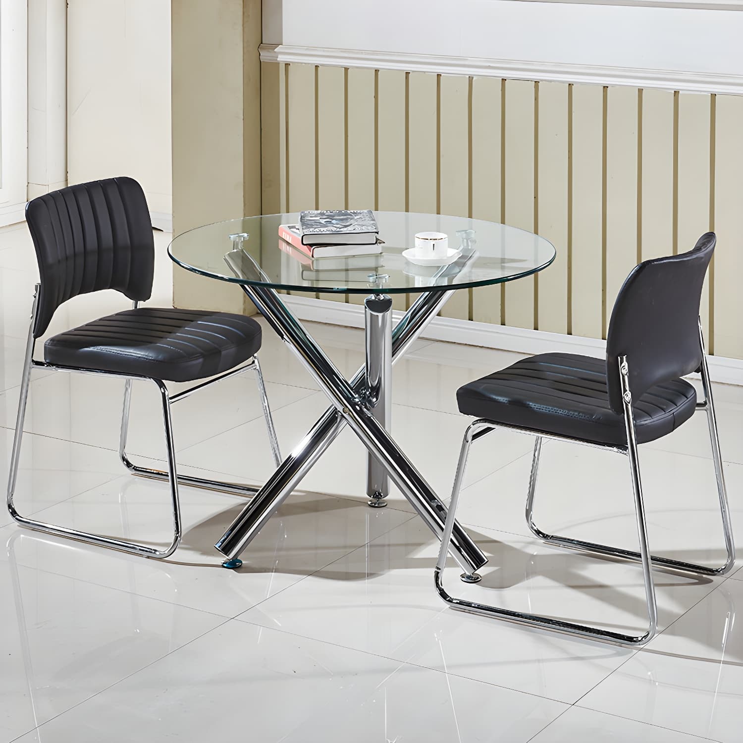Modern Glass Round Dining Set with Three-Leg Metal Base - Clear, 36-inch Table thumbnail 5